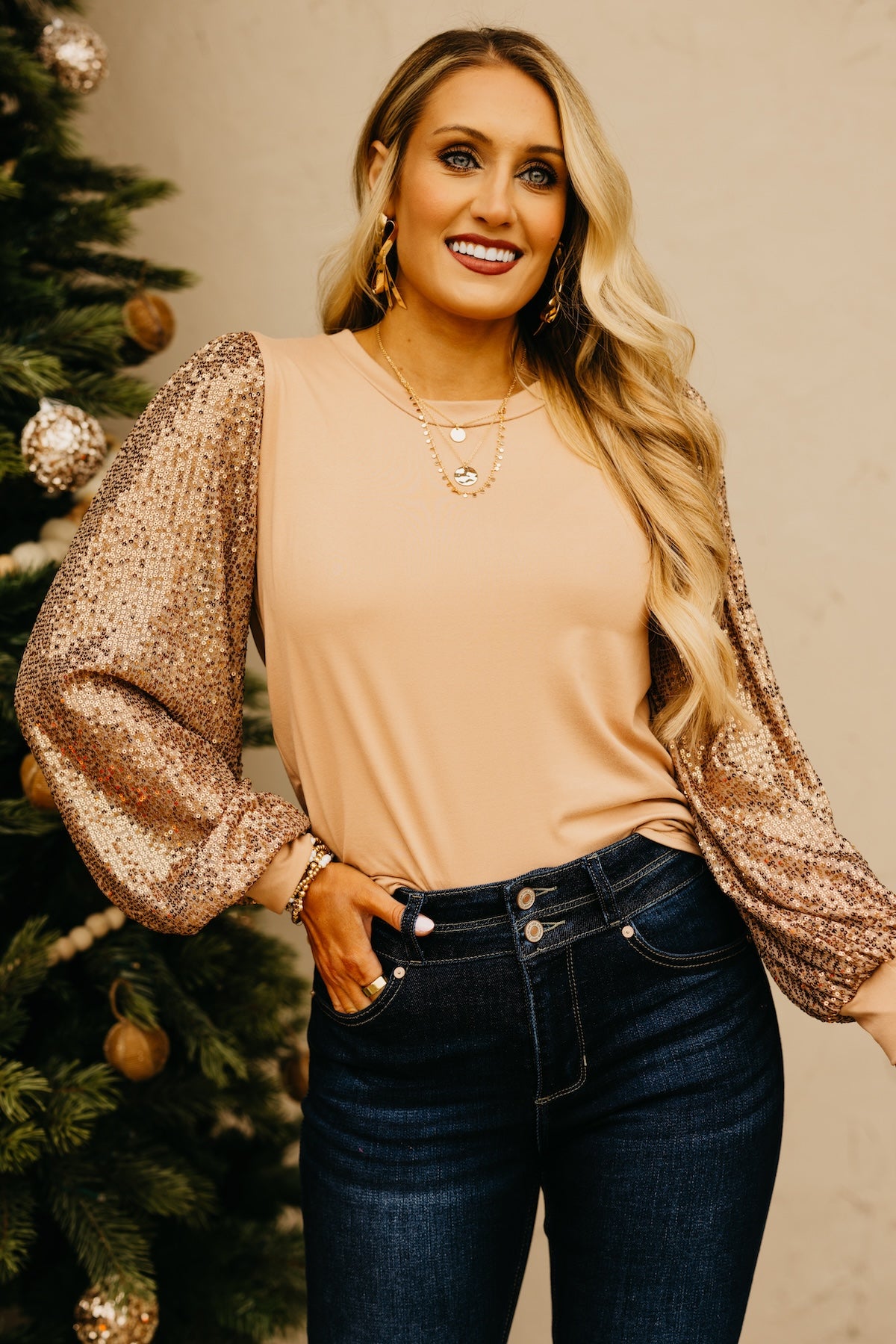 The Reina Sequin Balloon Sleeve Top