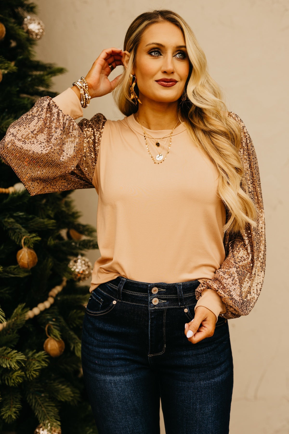 The Reina Sequin Balloon Sleeve Top