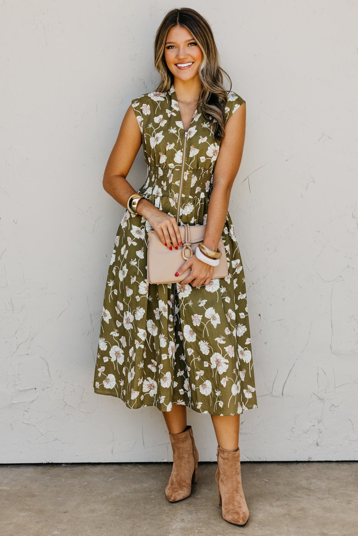 The Libbie Floral Zip Front Midi Dress
