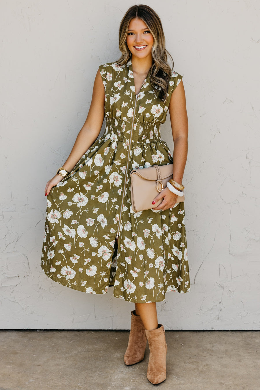The Libbie Floral Zip Front Midi Dress