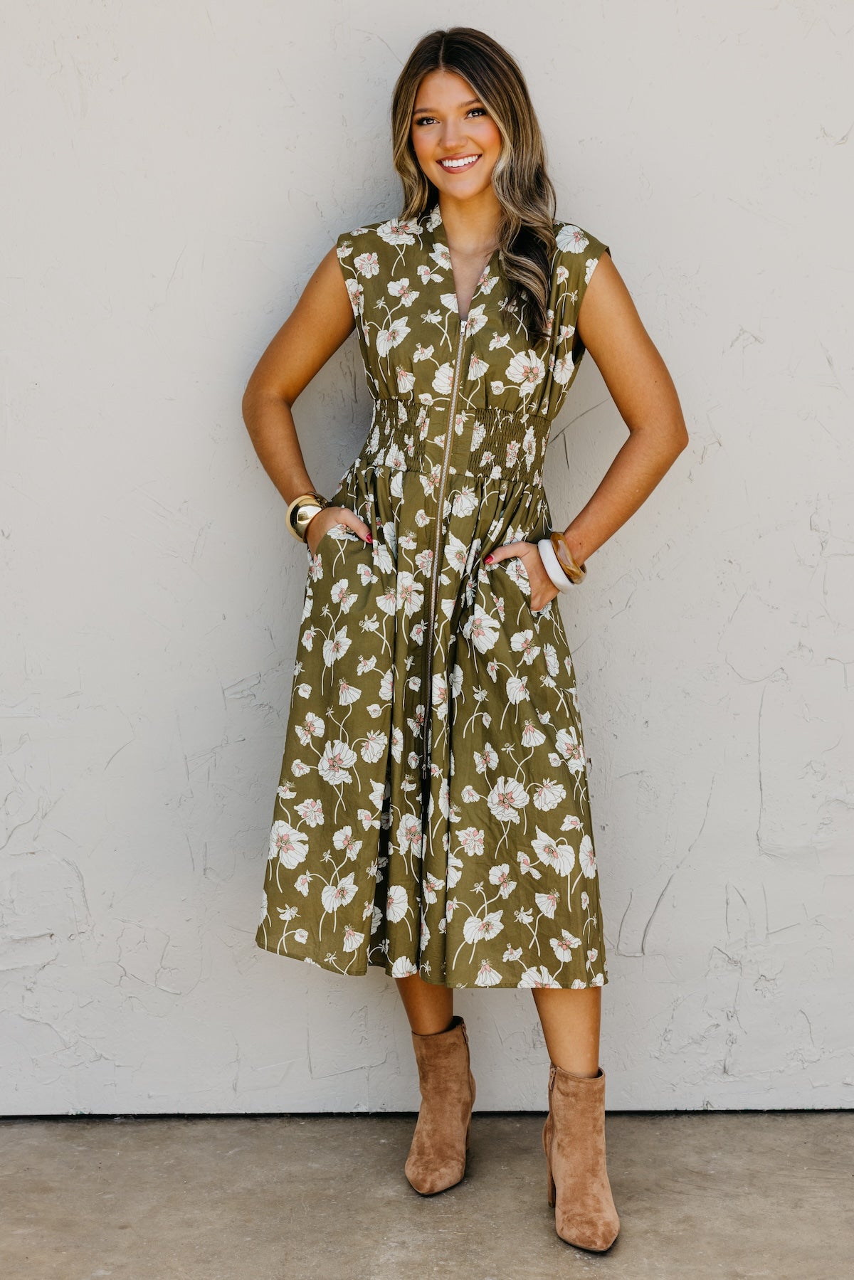 The Libbie Floral Zip Front Midi Dress