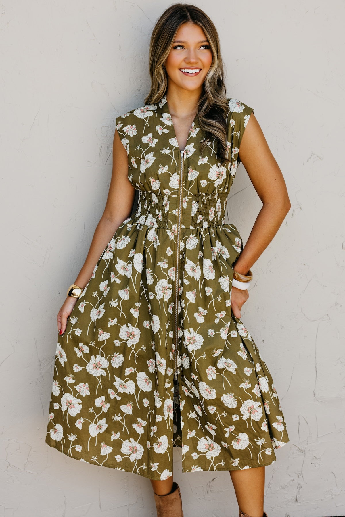 The Libbie Floral Zip Front Midi Dress