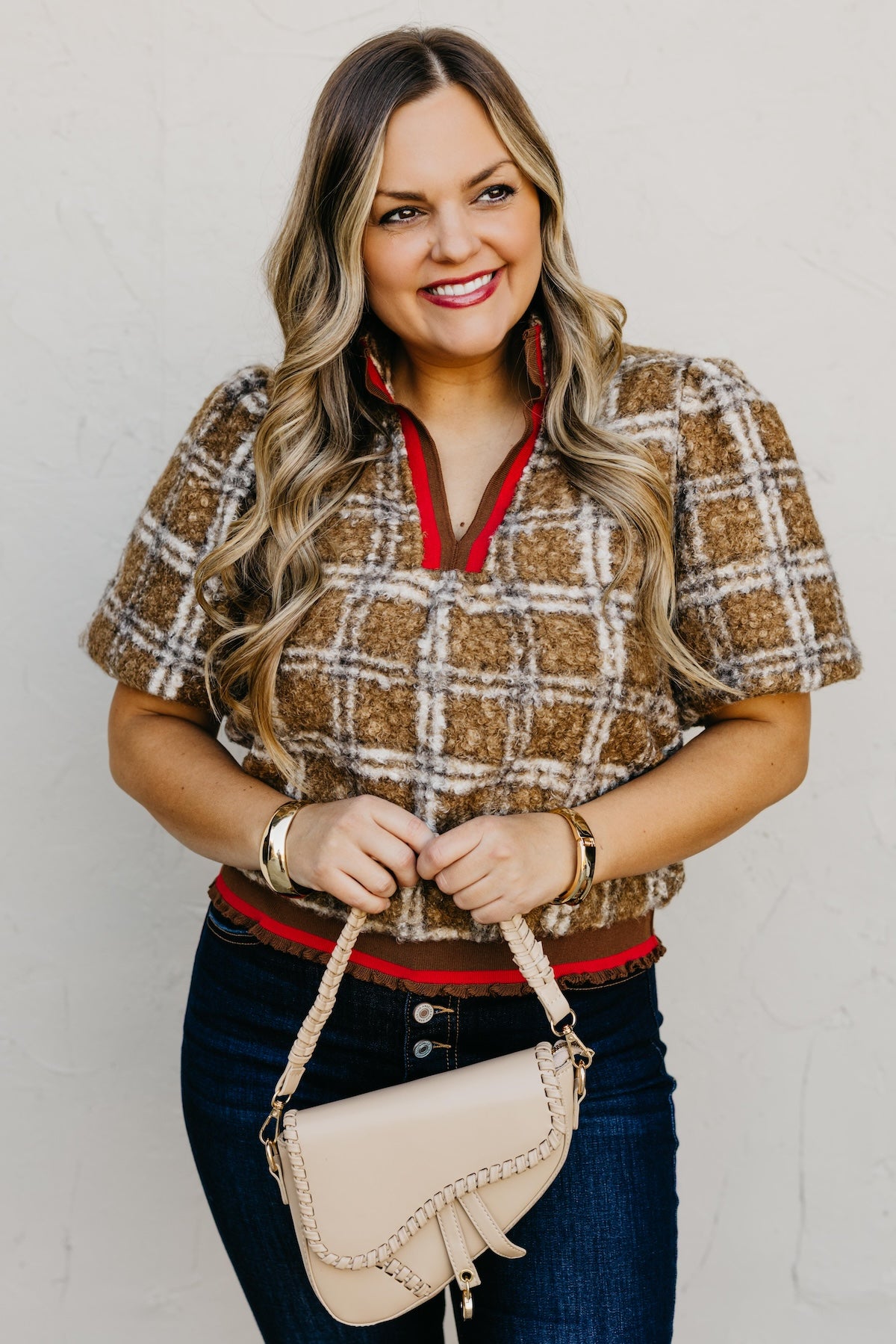 The Kynn Striped Band Detailed Plaid Sherpa Top