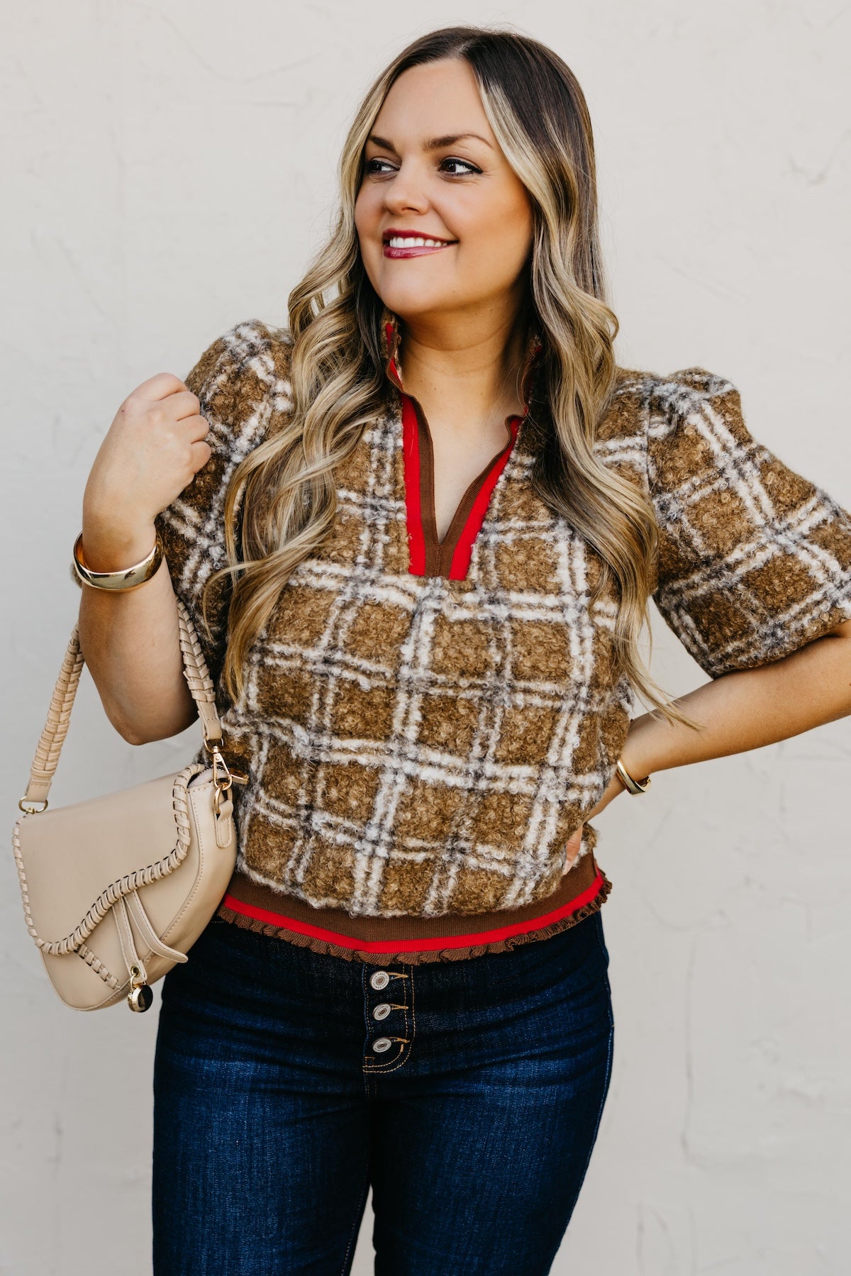The Kynn Striped Band Detailed Plaid Sherpa Top