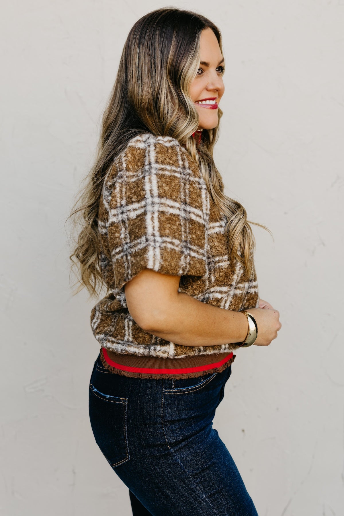The Kynn Striped Band Detailed Plaid Sherpa Top