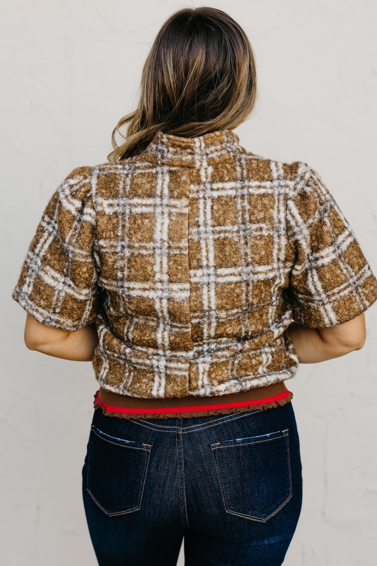 The Kynn Striped Band Detailed Plaid Sherpa Top