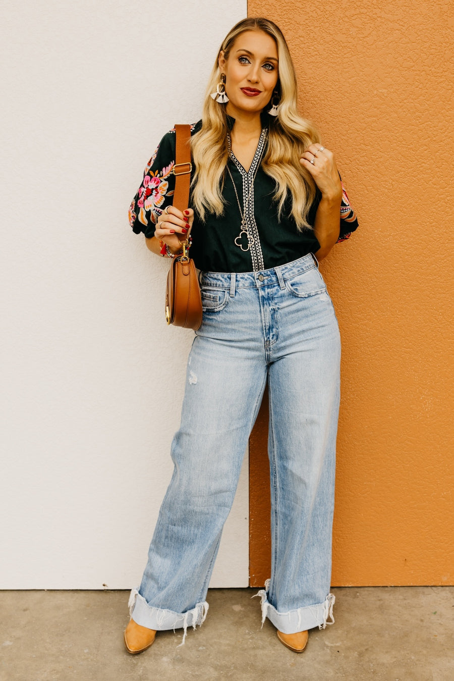 The Yadiel Embroidered Corduroy Puff Sleeve Top