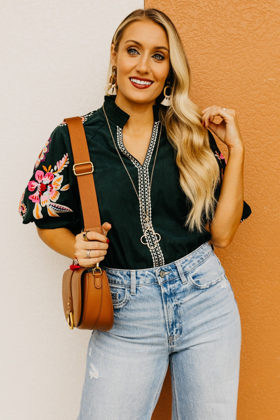 The Yadiel Embroidered Corduroy Puff Sleeve Top