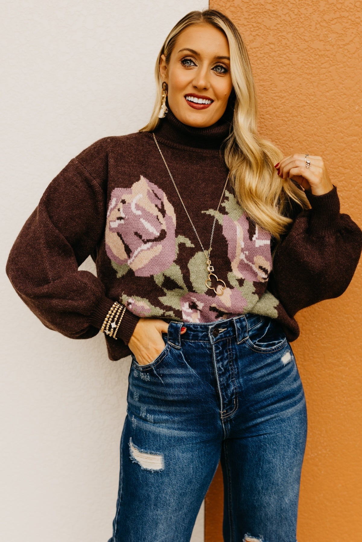 The Susan Floral Turtleneck Longline Sweater