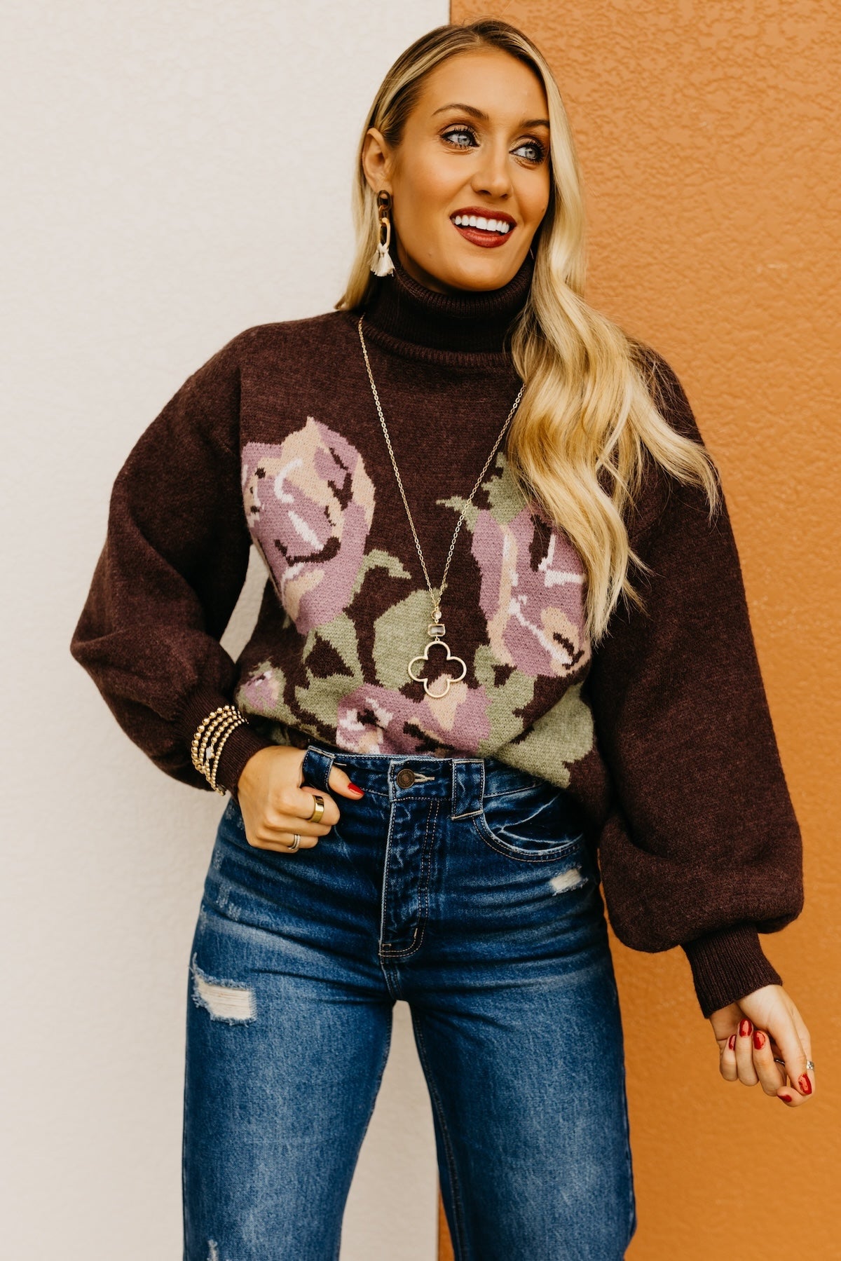 The Susan Floral Turtleneck Longline Sweater