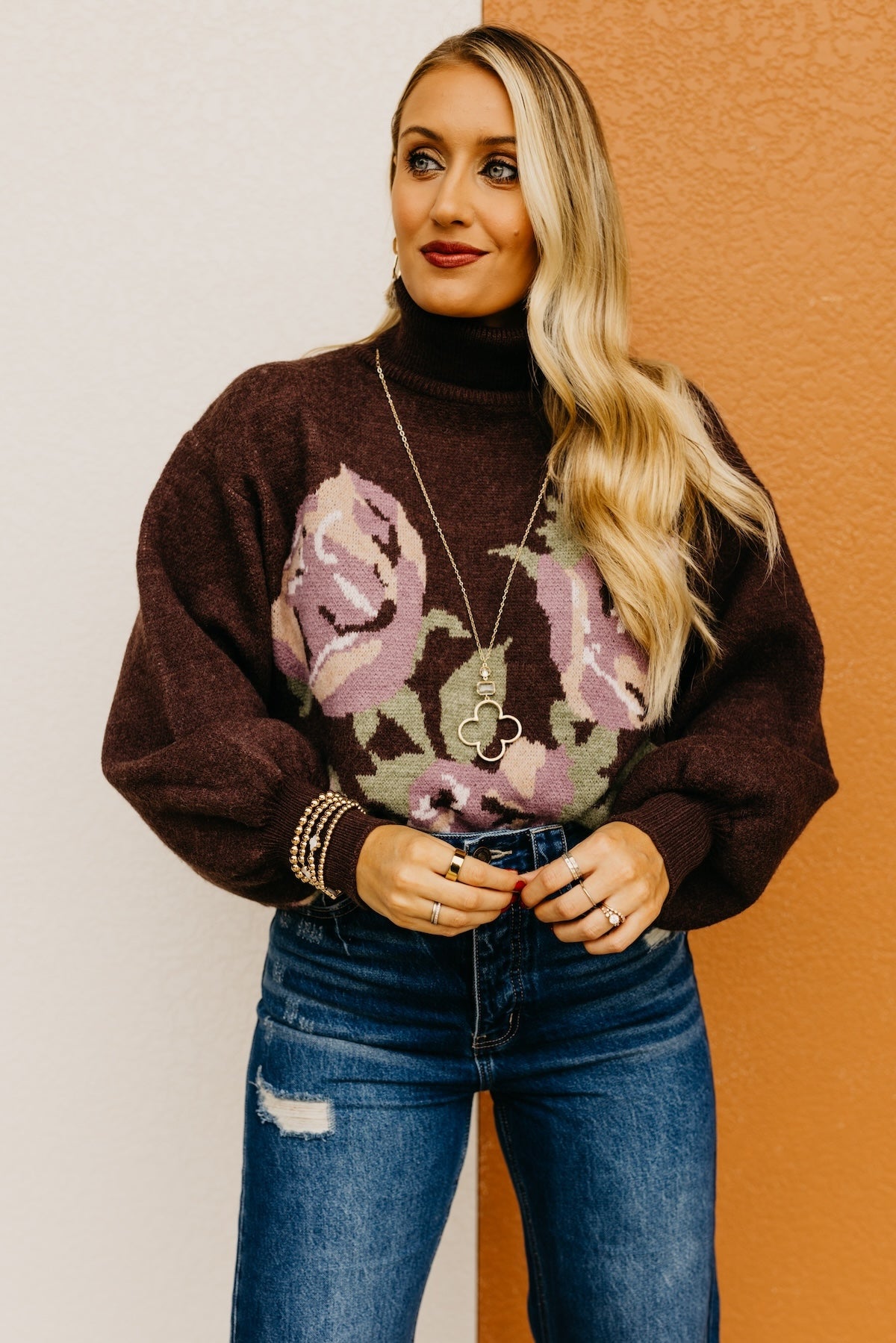 The Susan Floral Turtleneck Longline Sweater