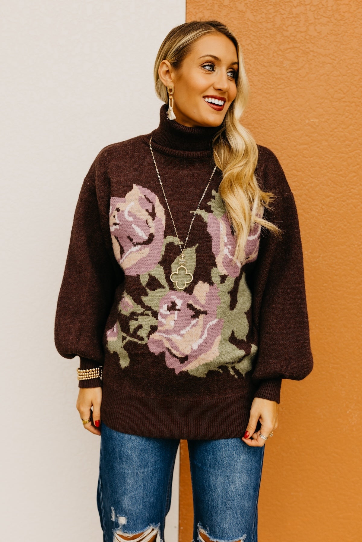 The Susan Floral Turtleneck Longline Sweater