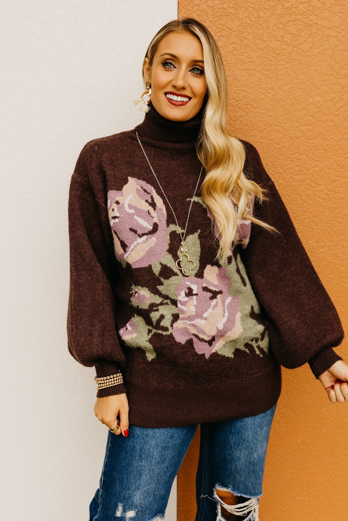 The Susan Floral Turtleneck Longline Sweater