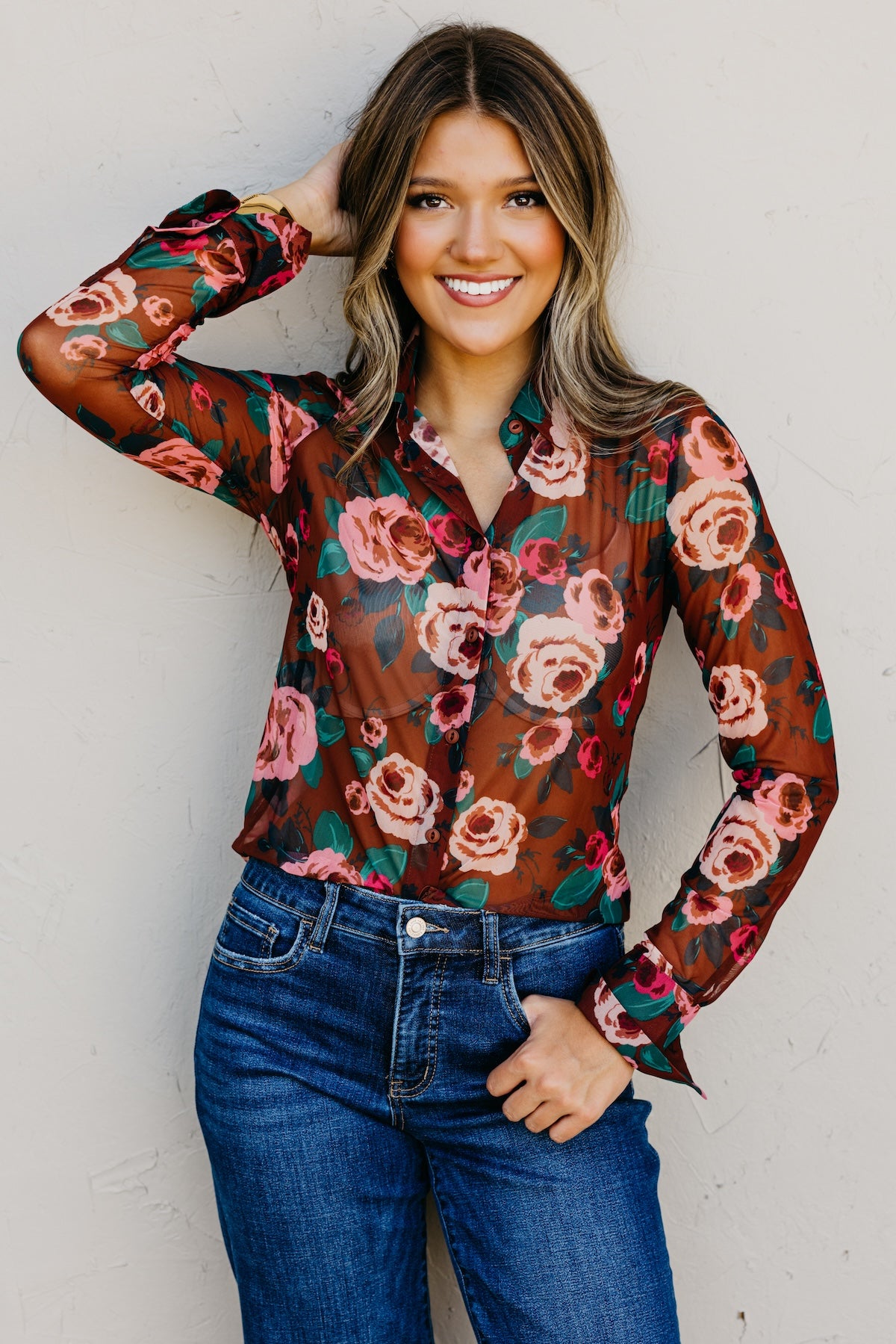 The Vivvie Sheer Button Down Top