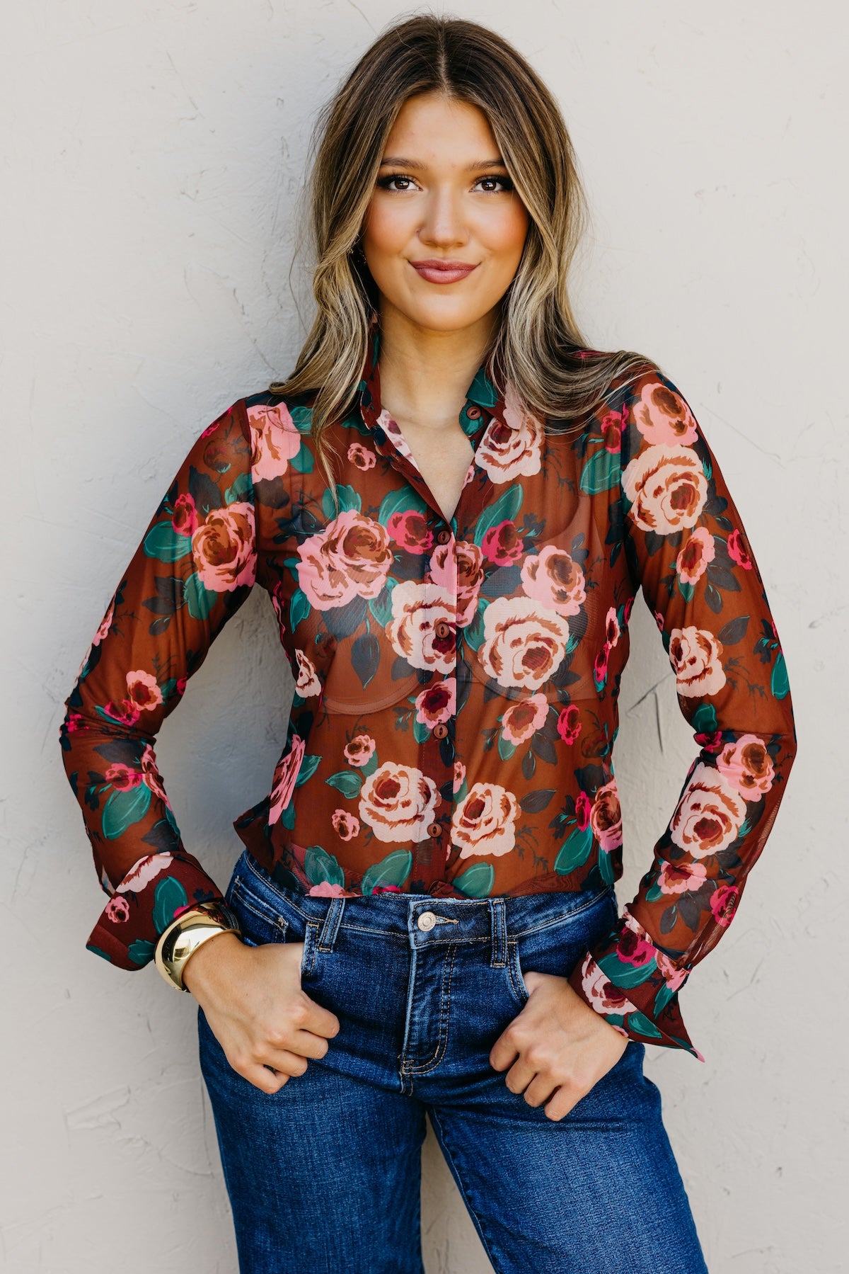 The Vivvie Sheer Button Down Top