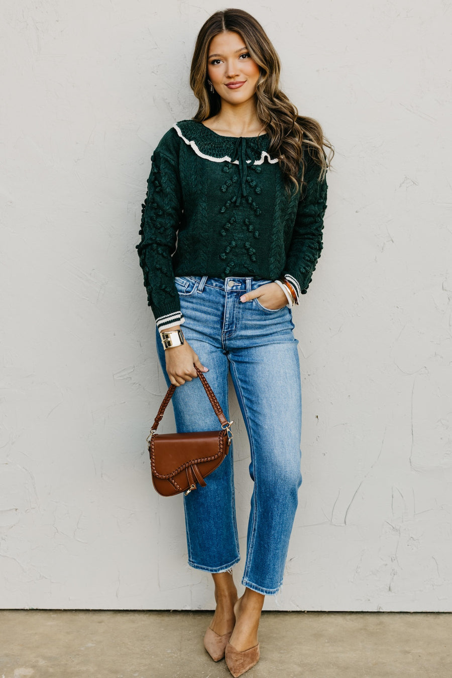 The Sally Crochet Tufted Pom Collared Sweater