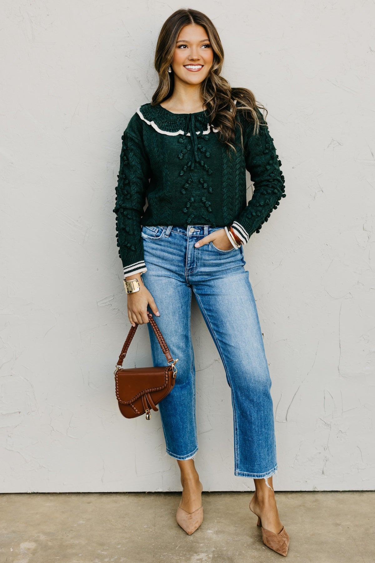 The Sally Crochet Tufted Pom Collared Sweater