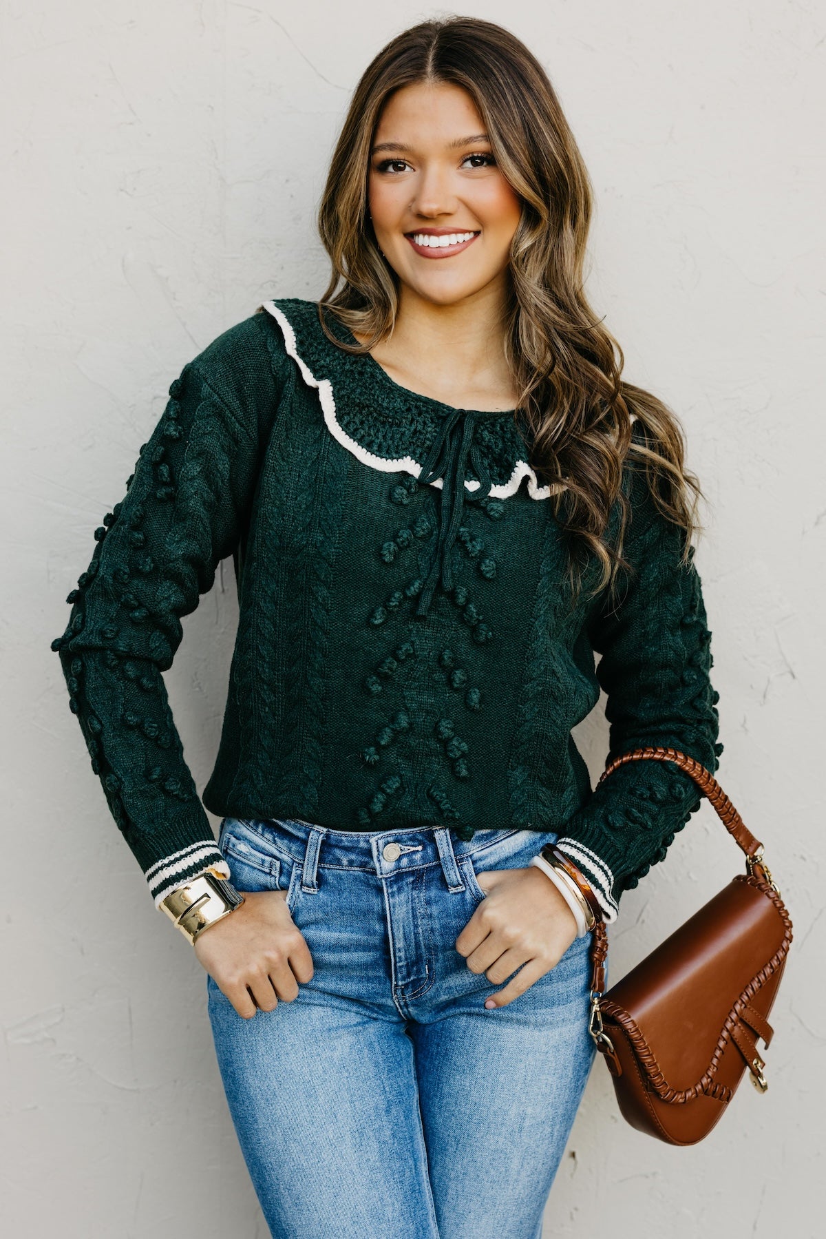 The Sally Crochet Tufted Pom Collared Sweater