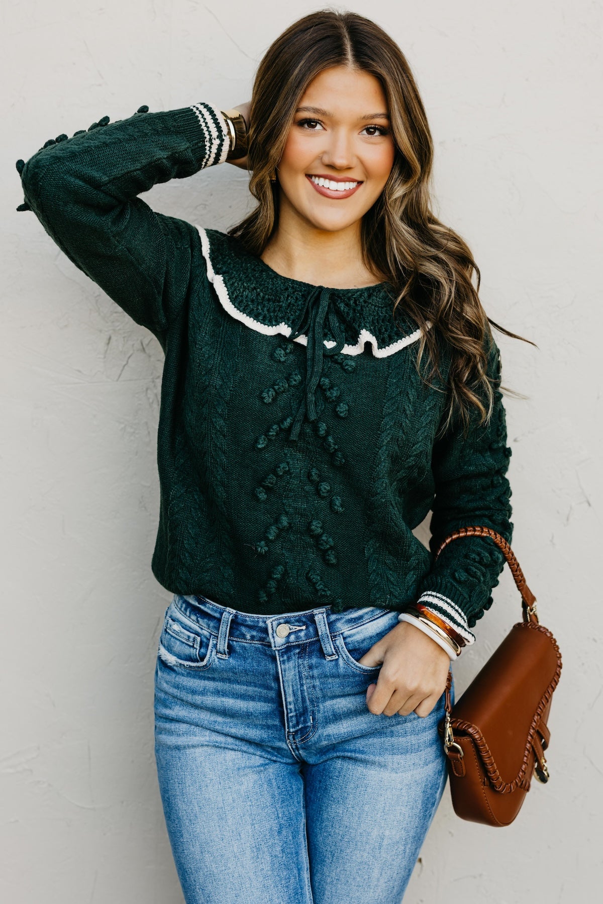 The Sally Crochet Tufted Pom Collared Sweater