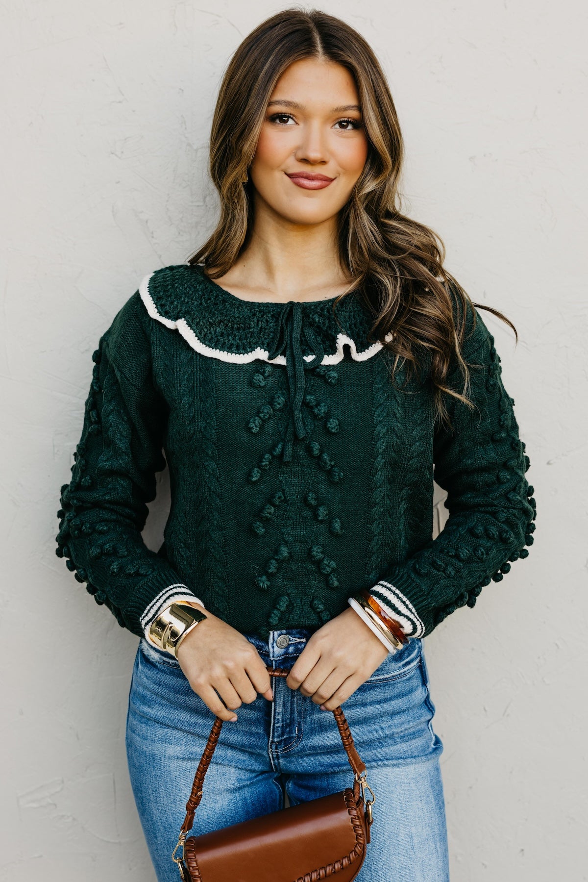 The Sally Crochet Tufted Pom Collared Sweater
