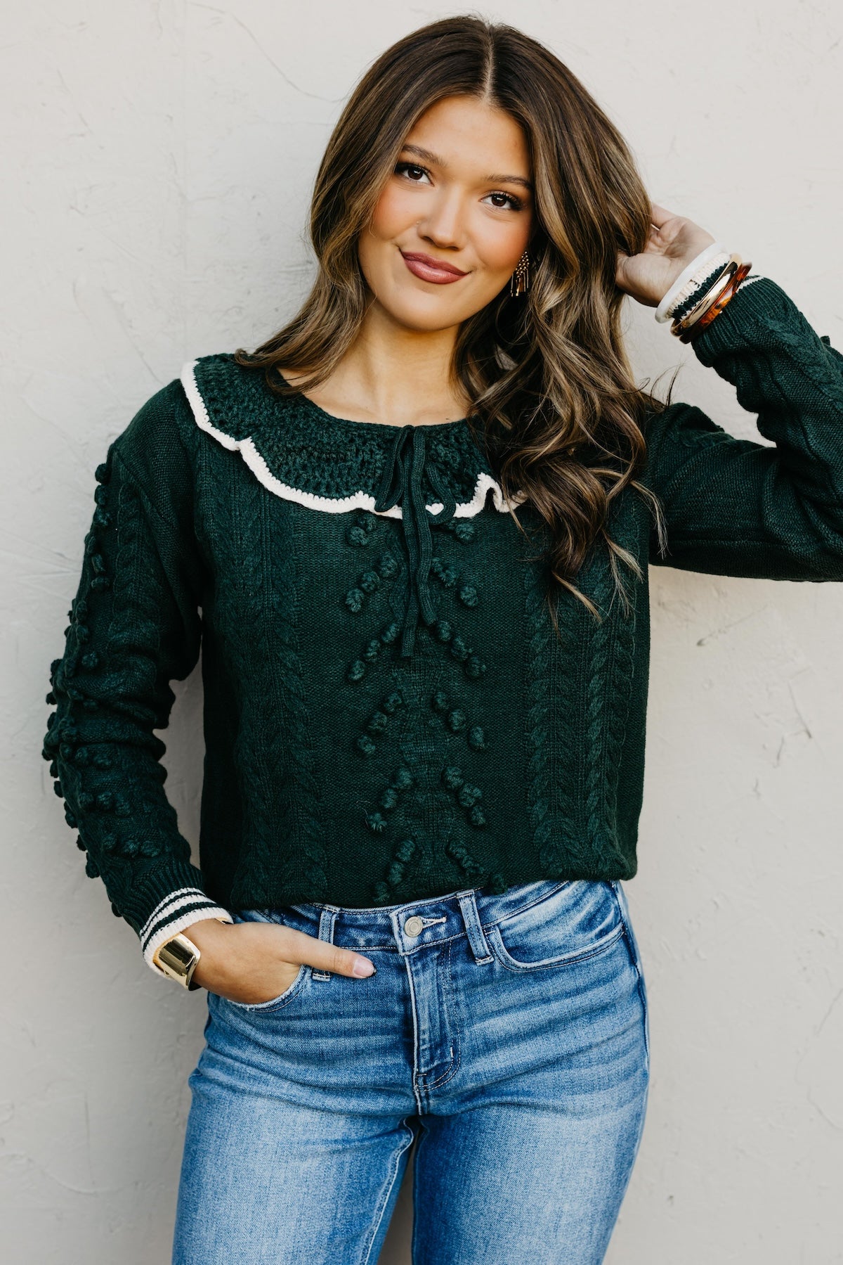 The Sally Crochet Tufted Pom Collared Sweater