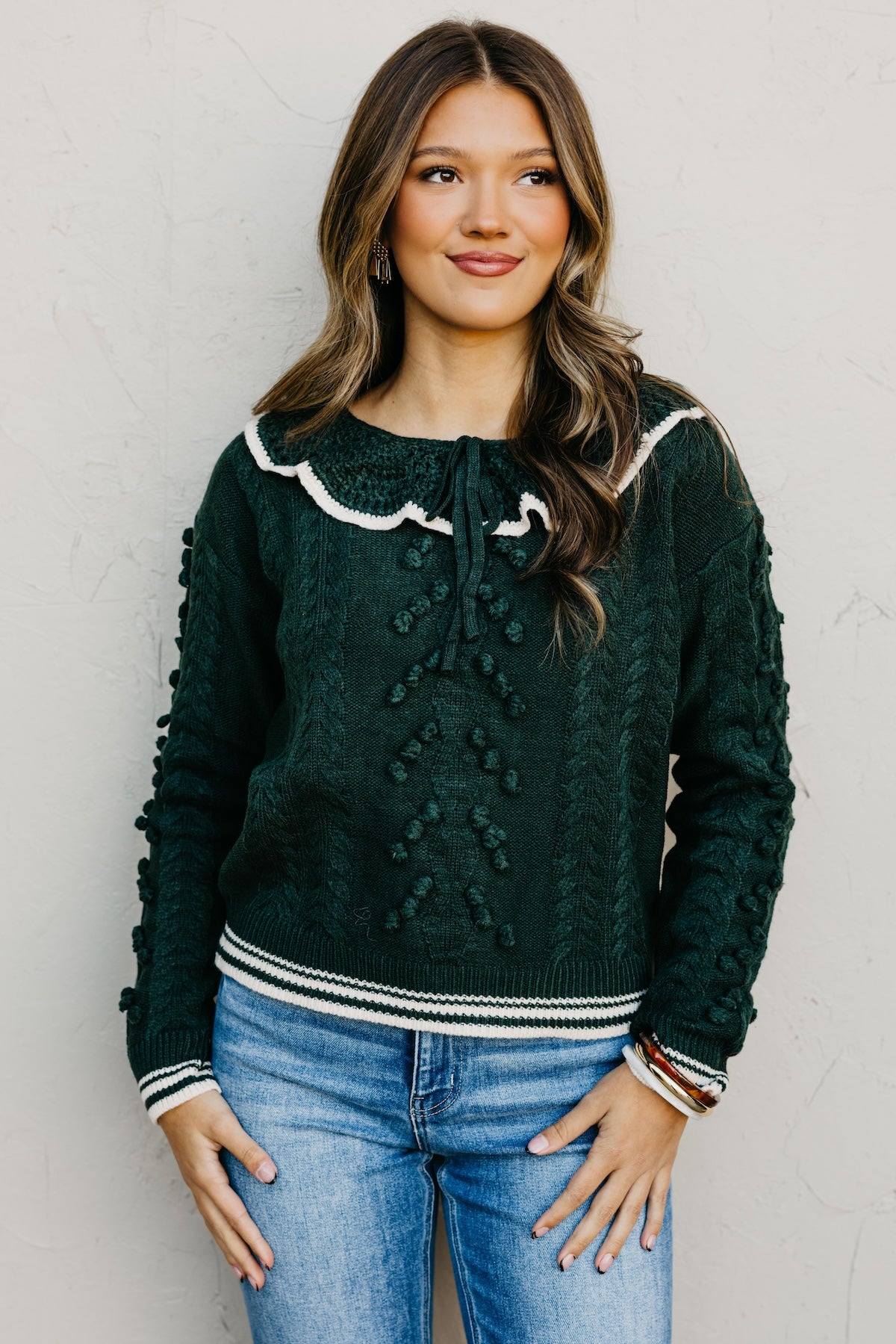 The Sally Crochet Tufted Pom Collared Sweater
