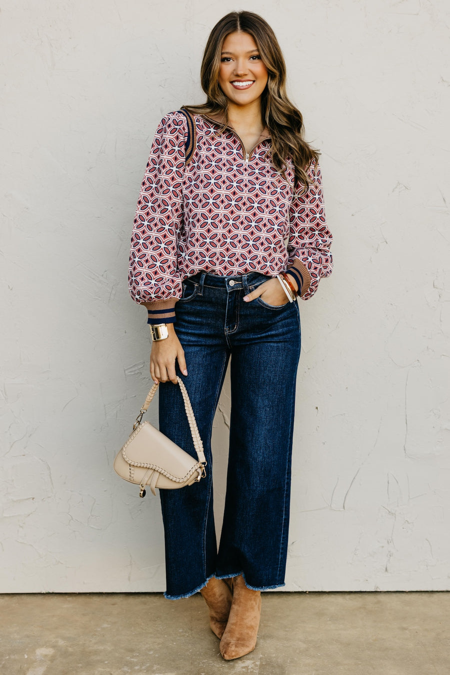 The Tiffanie Zipper High Neck Rib Printed Sweater