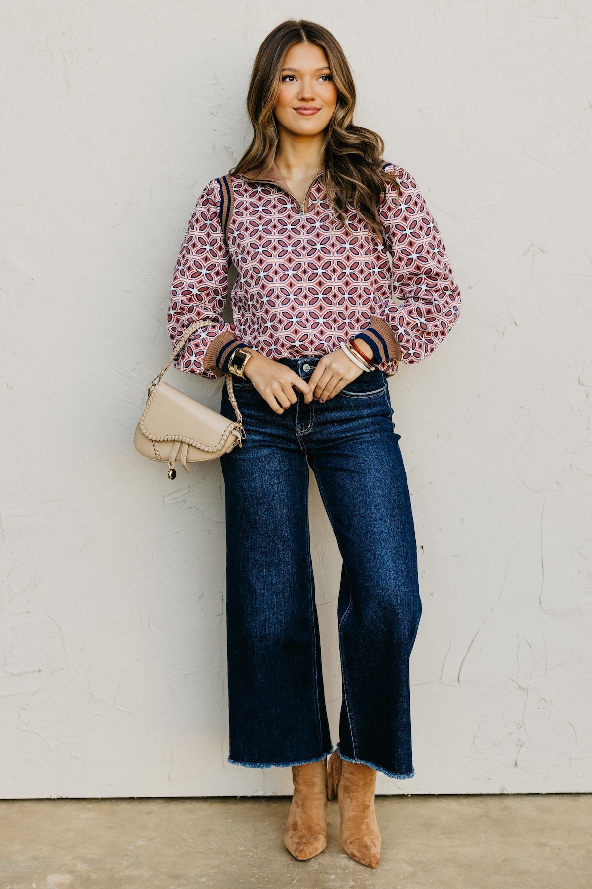 The Tiffanie Zipper High Neck Rib Printed Sweater