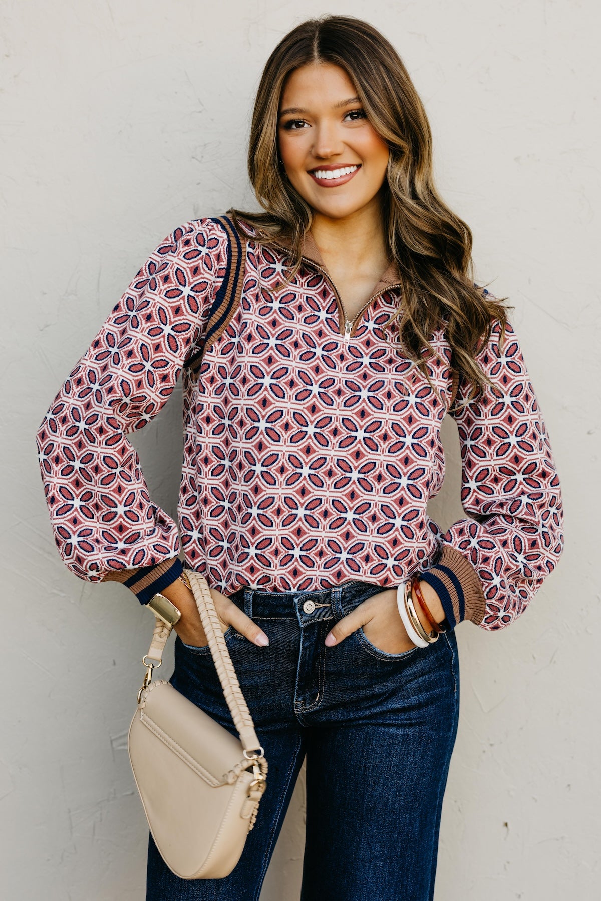 The Tiffanie Zipper High Neck Rib Printed Sweater