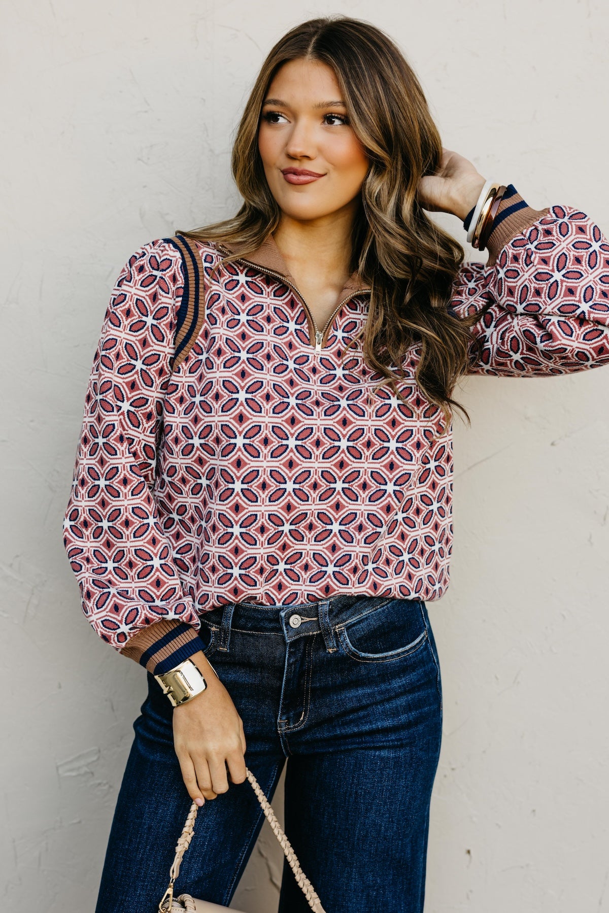 The Tiffanie Zipper High Neck Rib Printed Sweater