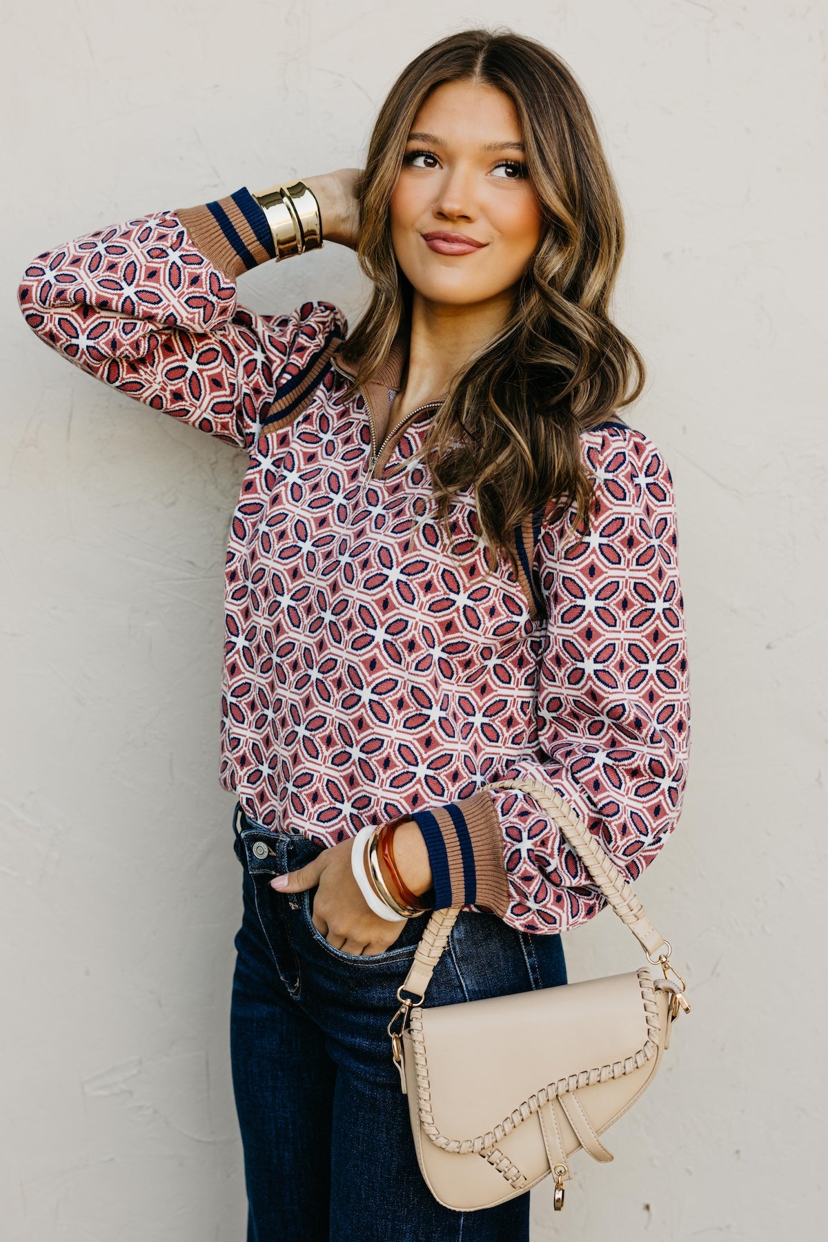 The Tiffanie Zipper High Neck Rib Printed Sweater