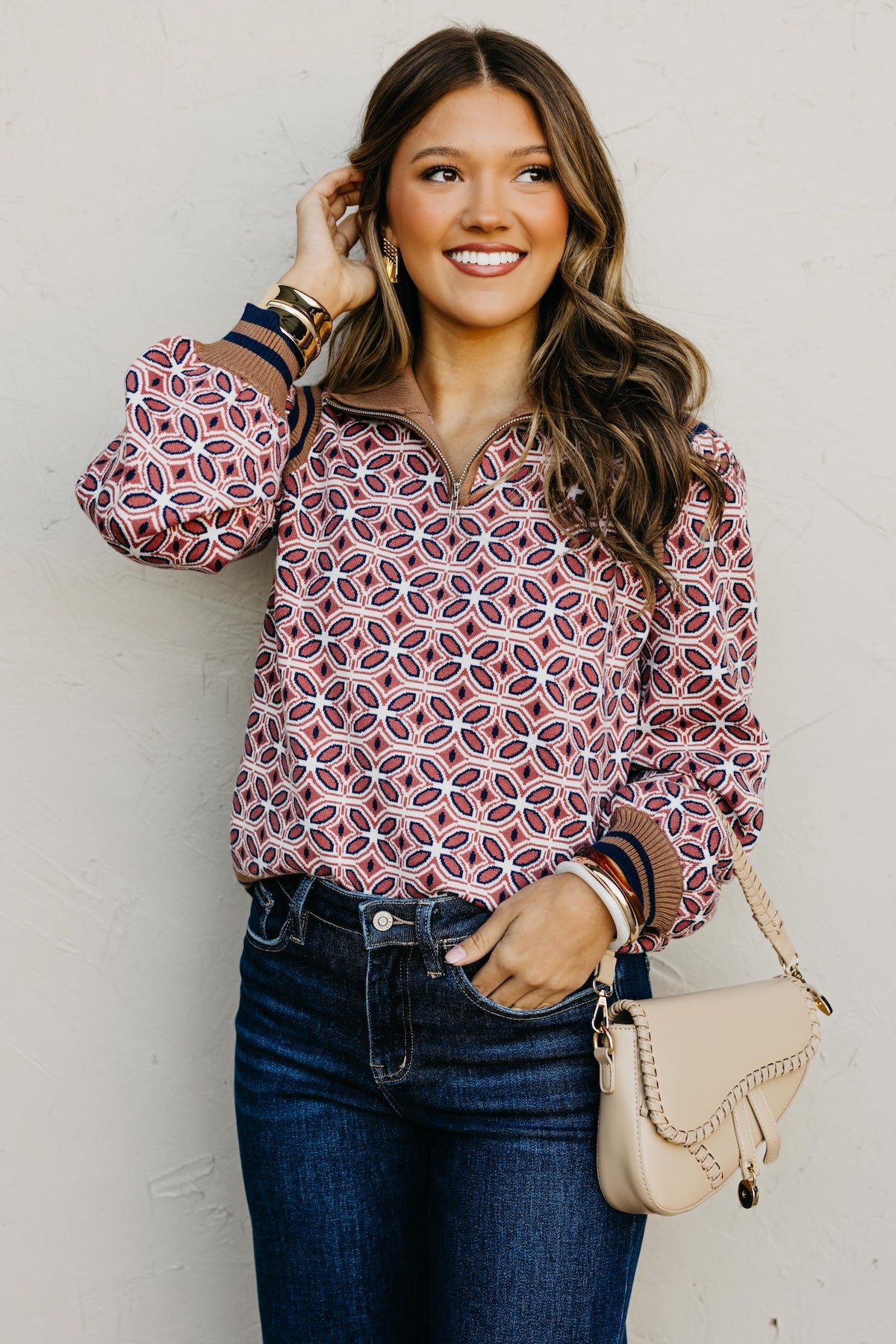 The Tiffanie Zipper High Neck Rib Printed Sweater