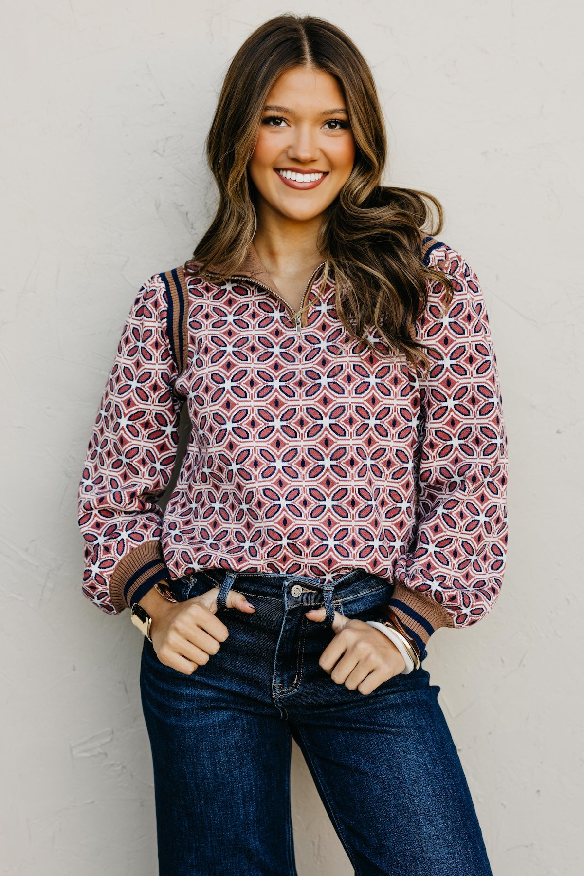 The Tiffanie Zipper High Neck Rib Printed Sweater