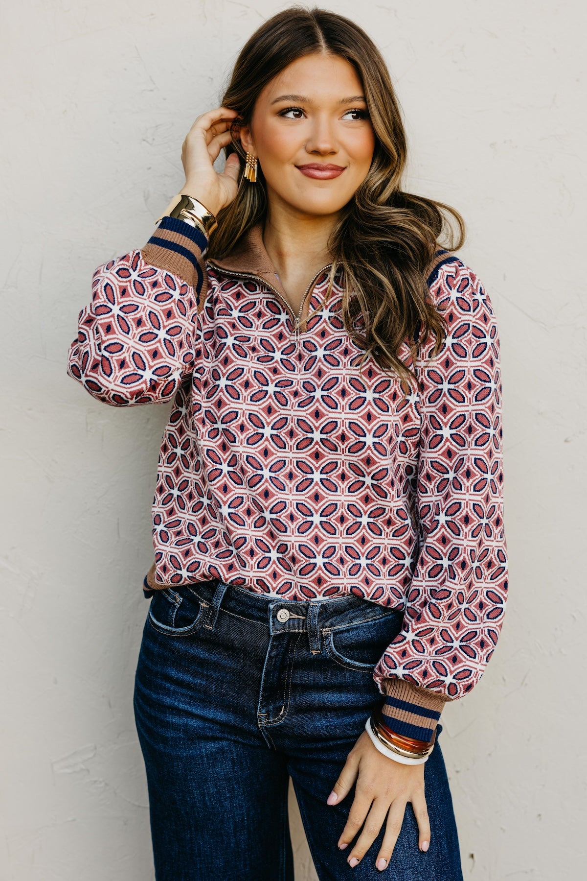 The Tiffanie Zipper High Neck Rib Printed Sweater
