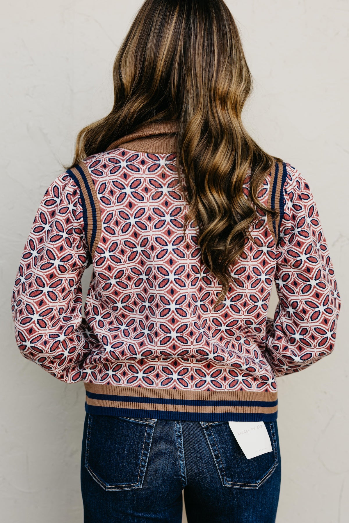 The Tiffanie Zipper High Neck Rib Printed Sweater