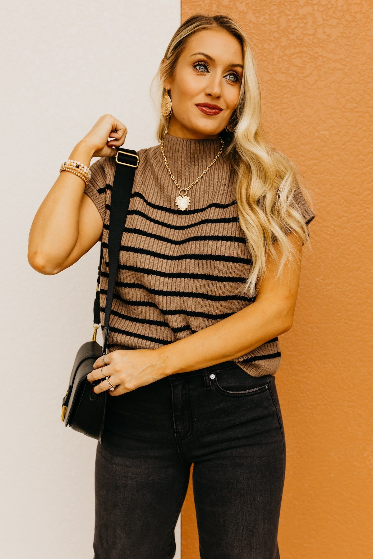The Astrid Striped Funnel Neck Sweater Top