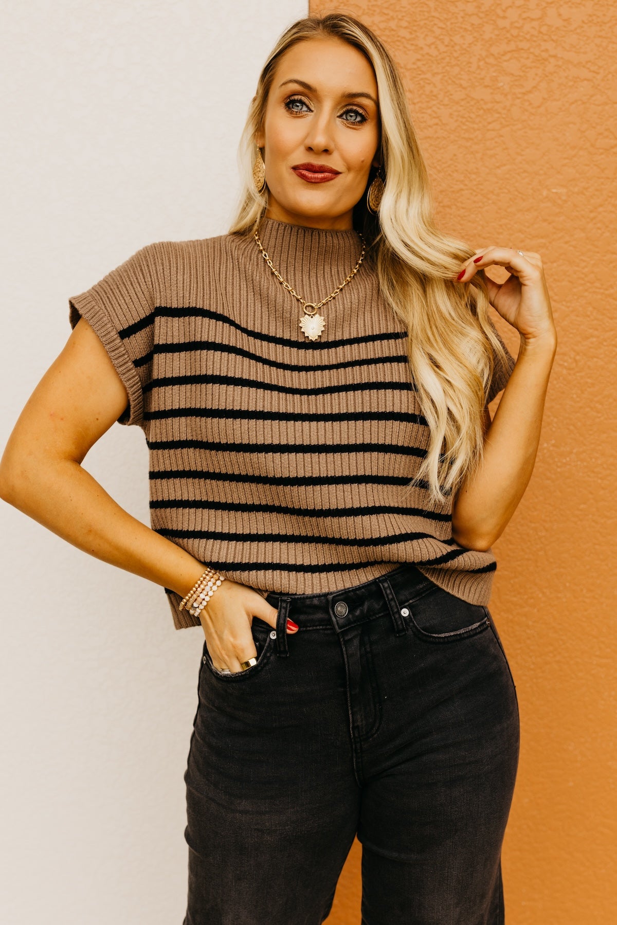 The Astrid Striped Funnel Neck Sweater Top
