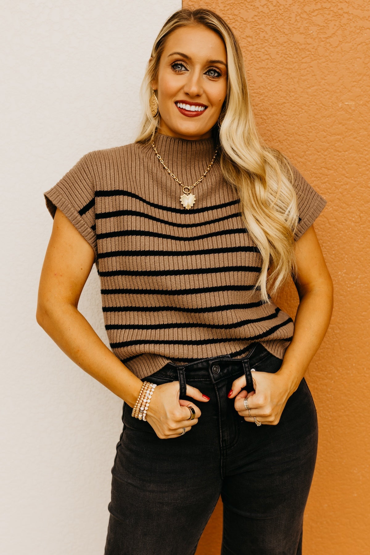 The Astrid Striped Funnel Neck Sweater Top