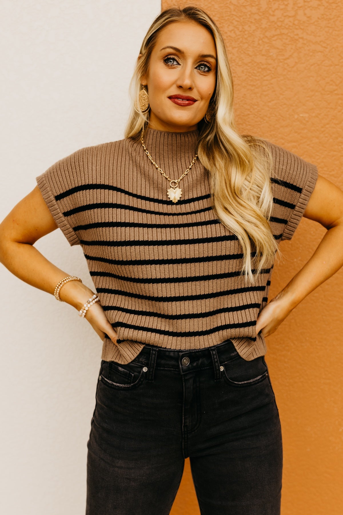 The Astrid Striped Funnel Neck Sweater Top