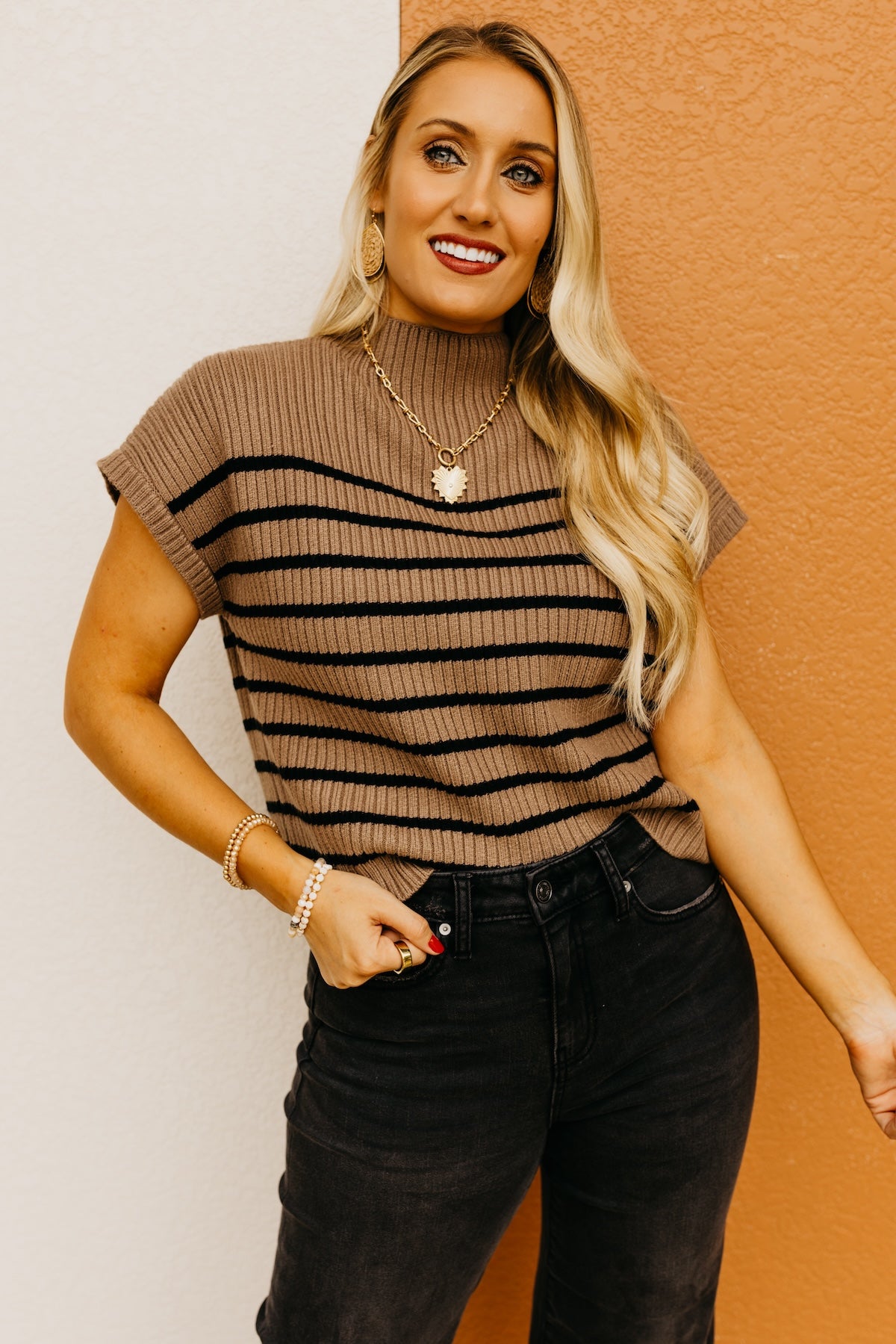 The Astrid Striped Funnel Neck Sweater Top