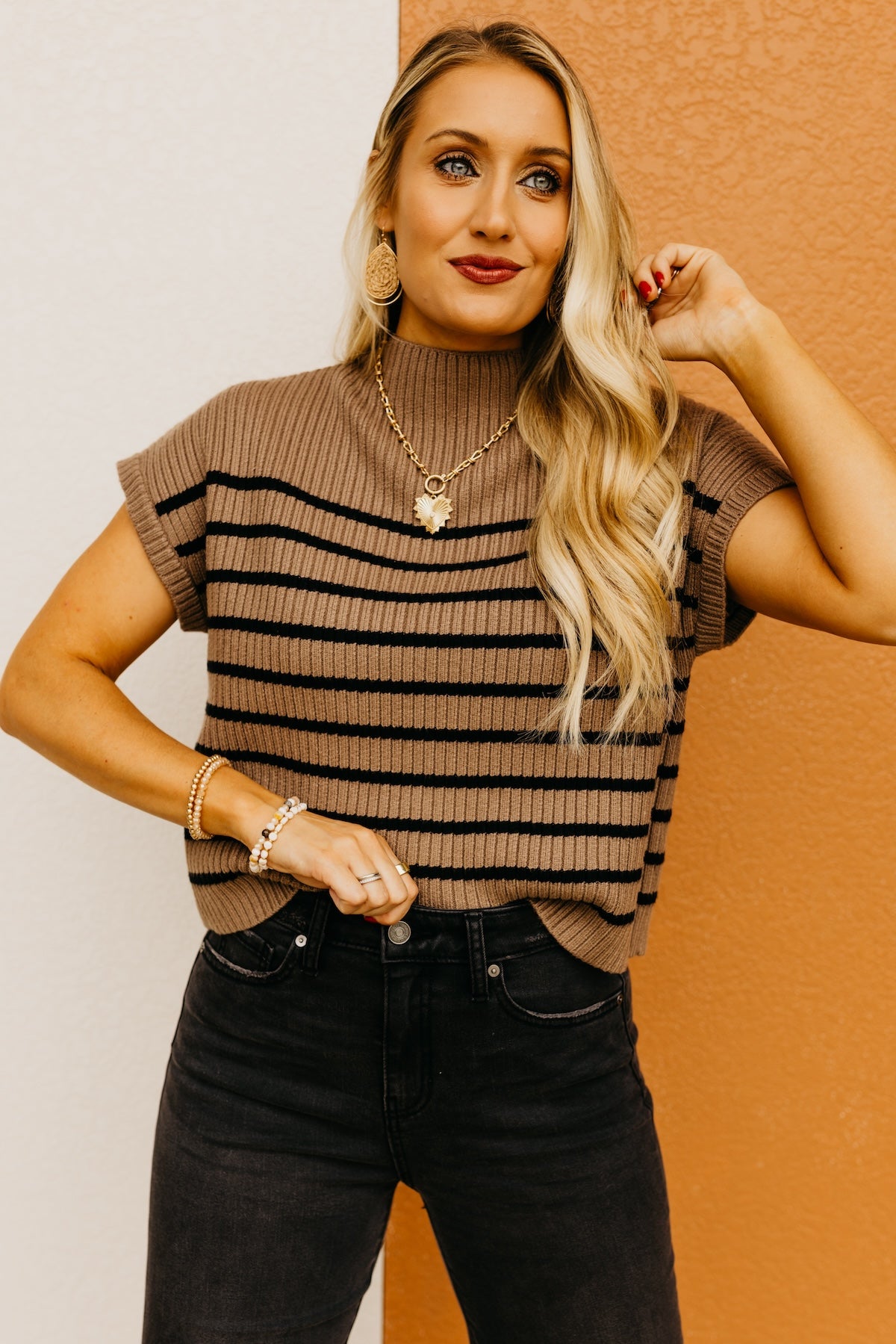 The Astrid Striped Funnel Neck Sweater Top