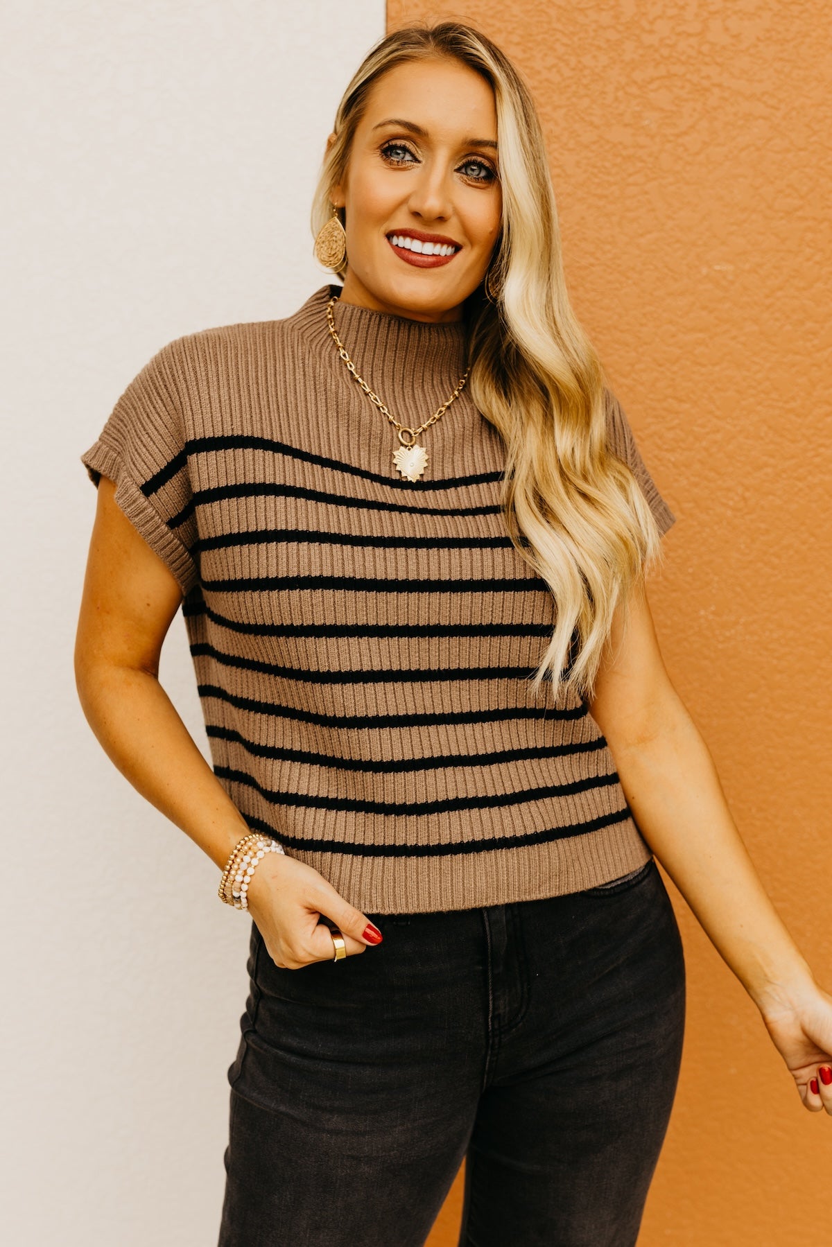 The Astrid Striped Funnel Neck Sweater Top