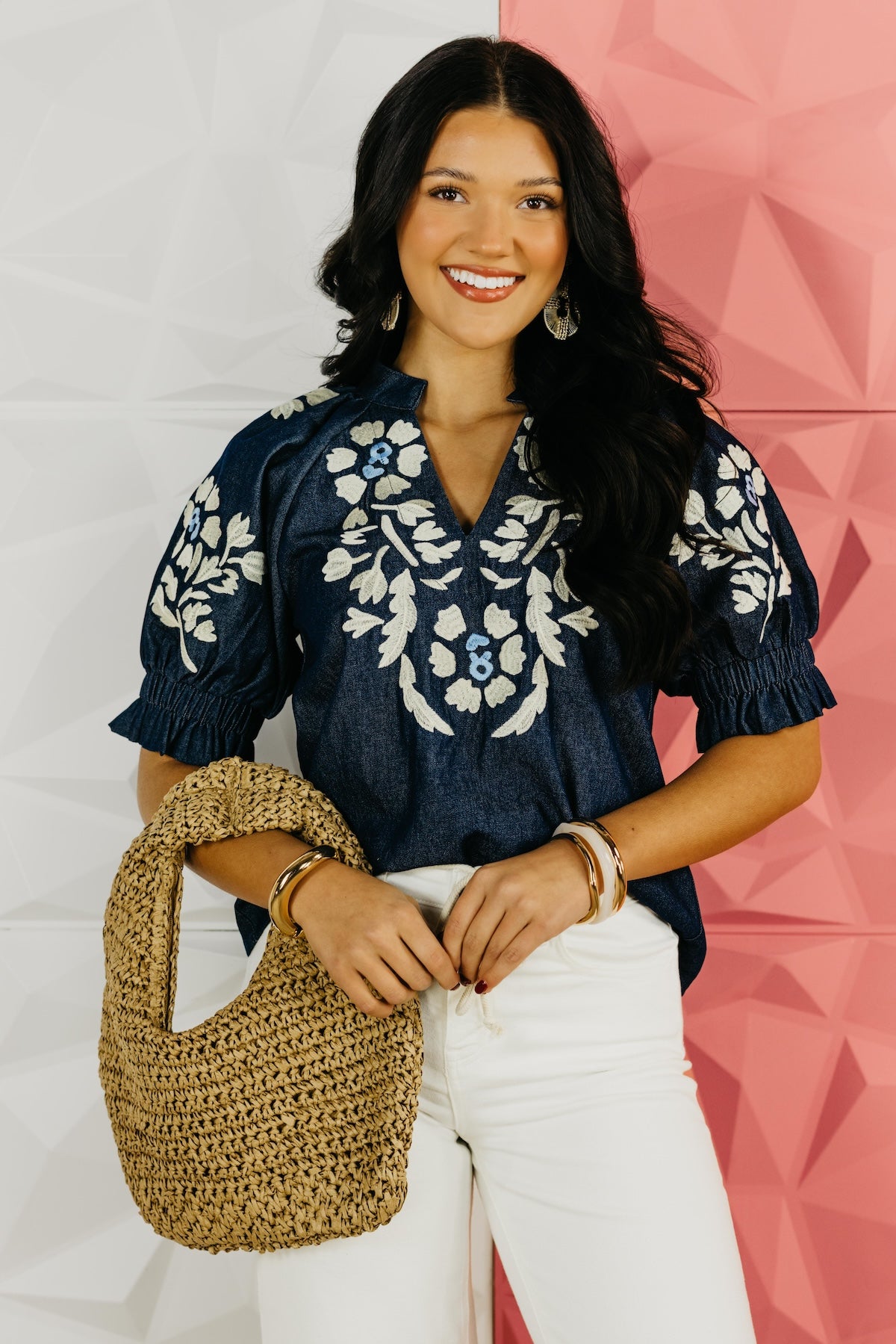 The Remy Floral Embroidered Denim Top
