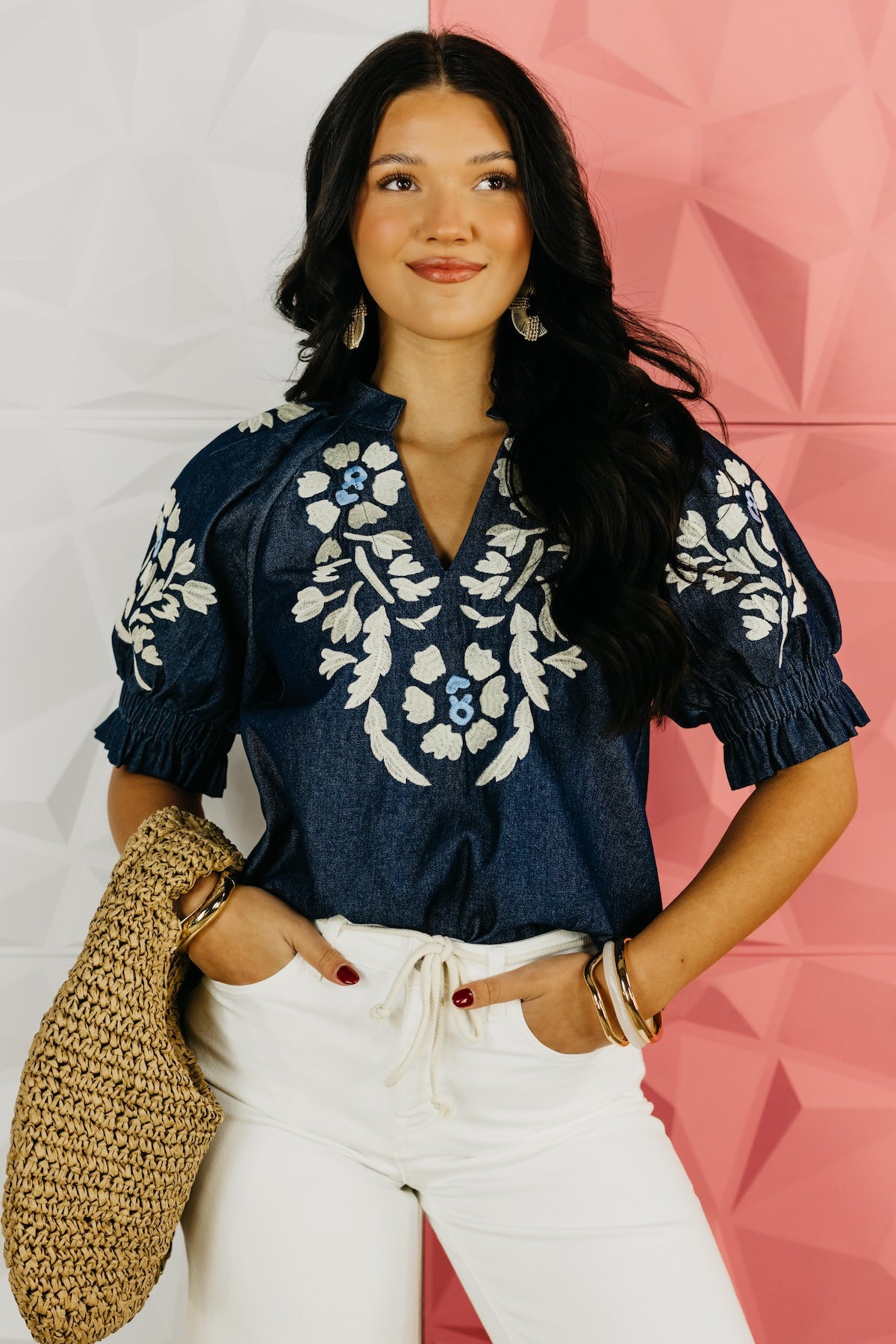 The Remy Floral Embroidered Denim Top