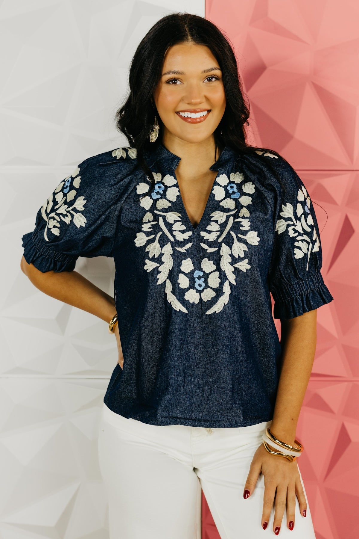 The Remy Floral Embroidered Denim Top