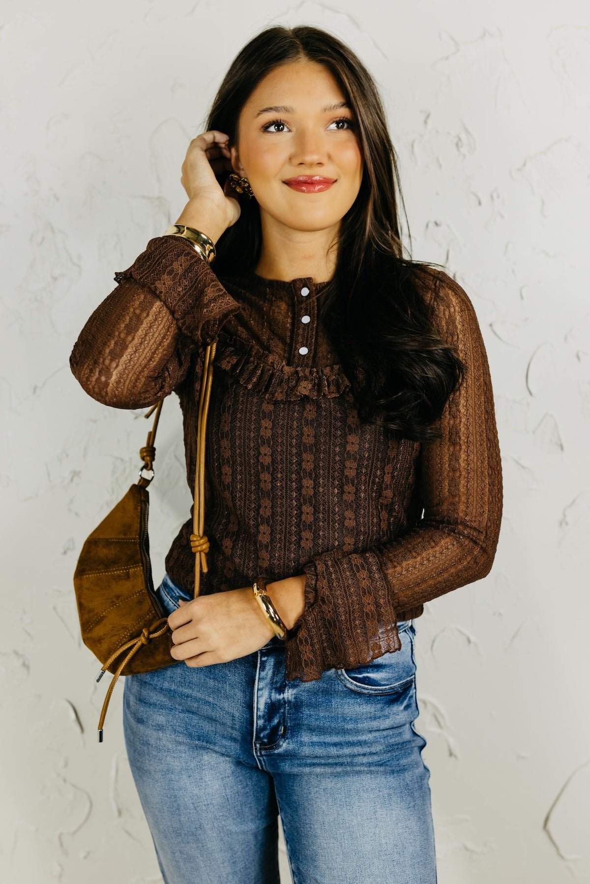 The Amantha Sheer Lace Ruffle Henley Top