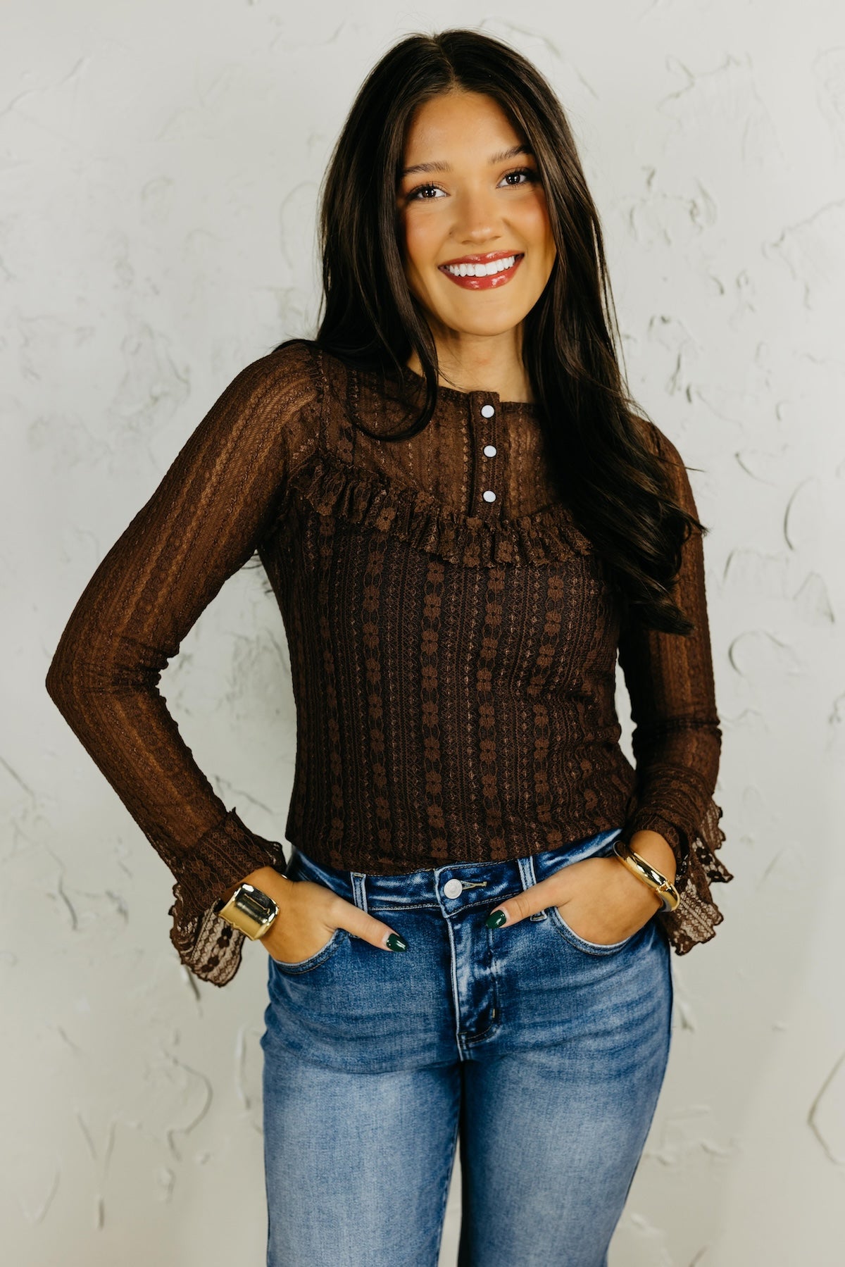 The Amantha Sheer Lace Ruffle Henley Top