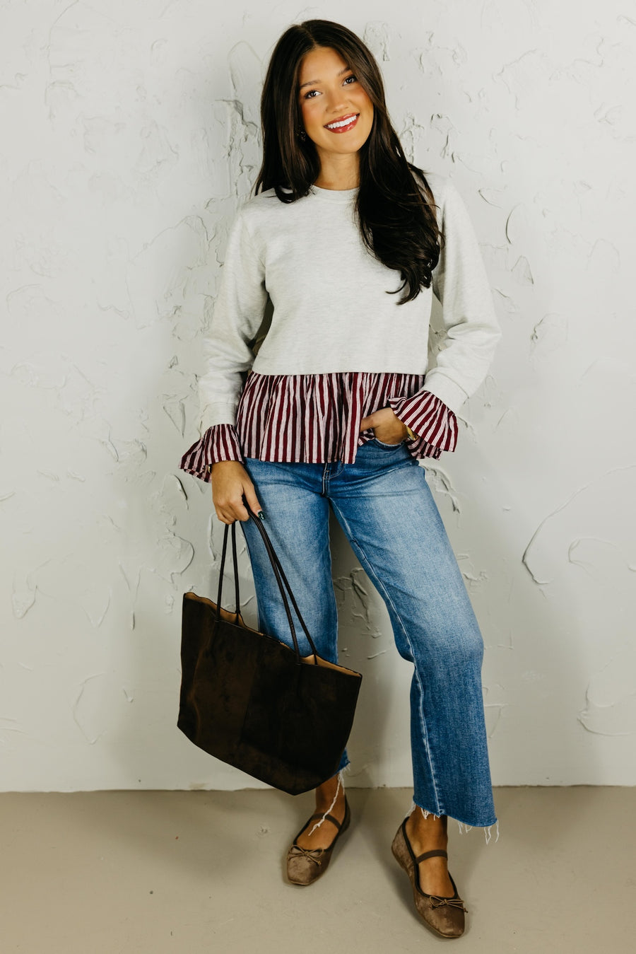 The Wesley Striped Peplum Mixed Media Top