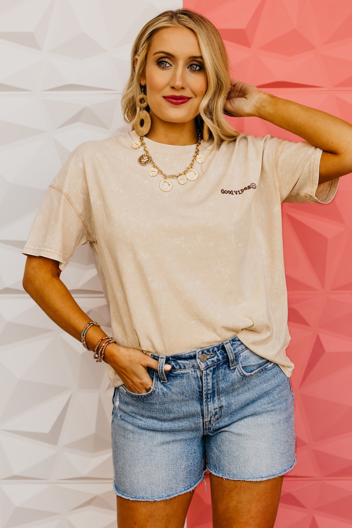 The Good Vibes Mineral Wash Embroidered Tee