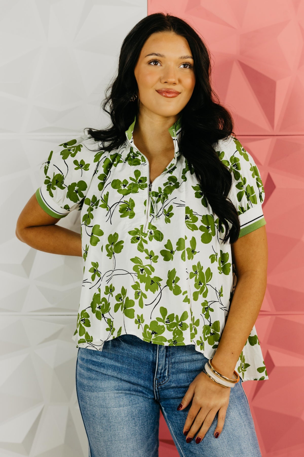 The Patsy Quarter Zip Floral Hi-Lo Top